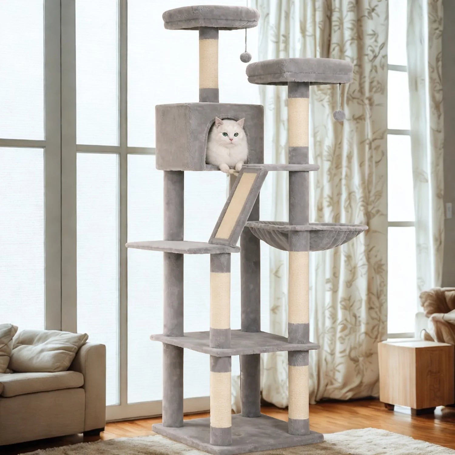 Arbre à chat XXL 180 cm multi-niveaux - niches, hamac et griffoirs
