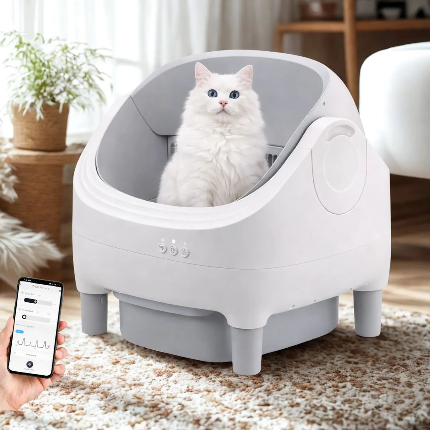Litière automatique chat ouverte 76L connectée - app mobile et capteurs