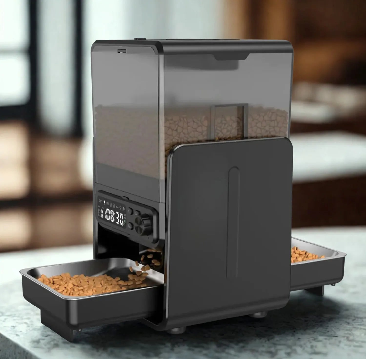 Distributeur automatique croquettes chat double programmable - 2 bols inox 5L