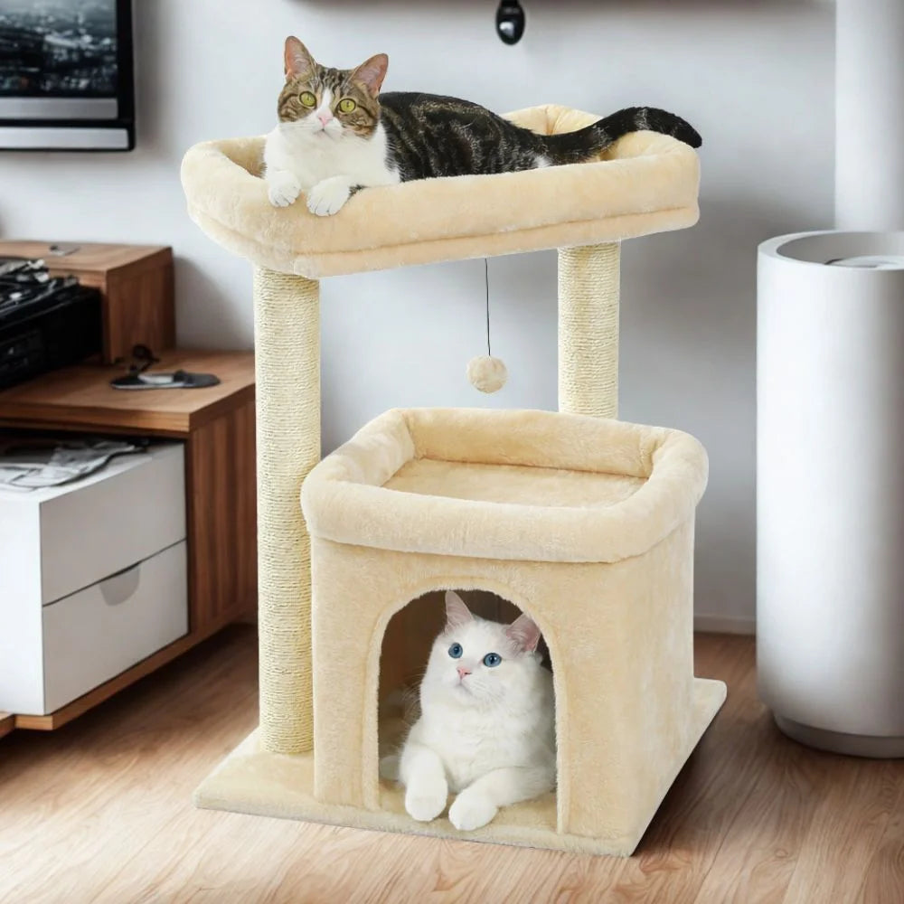 Arbre à chat beige multi-niveaux pour 2 chats - plateformes et zones de repos