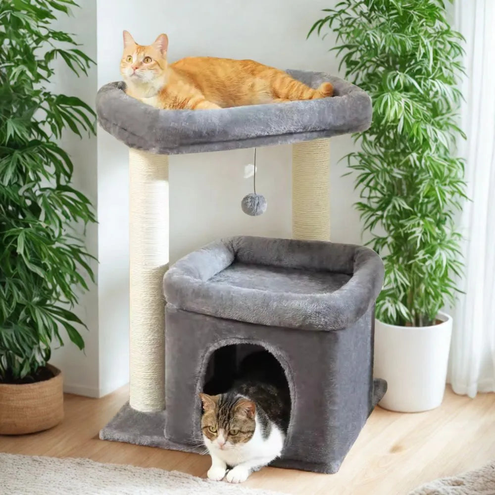 Arbre à chat beige multi-niveaux pour 2 chats - plateformes et zones de repos