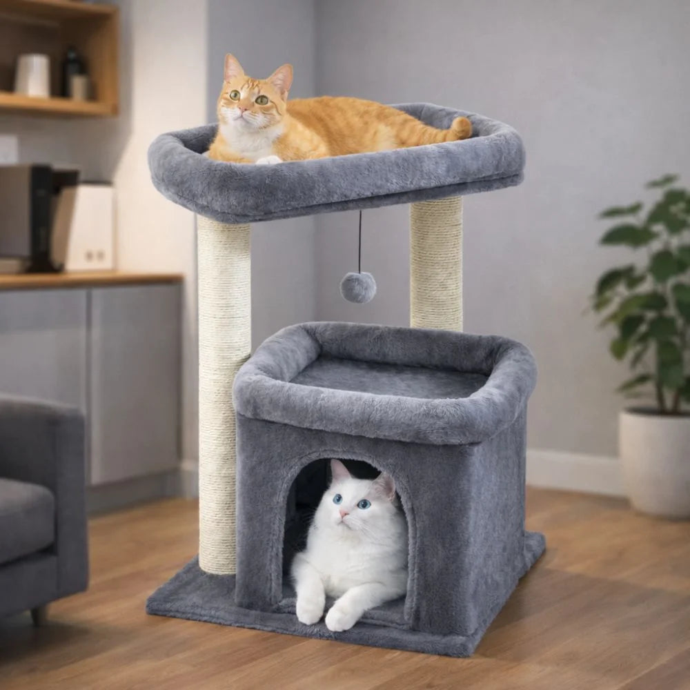 Arbre à chat beige multi-niveaux pour 2 chats - plateformes et zones de repos