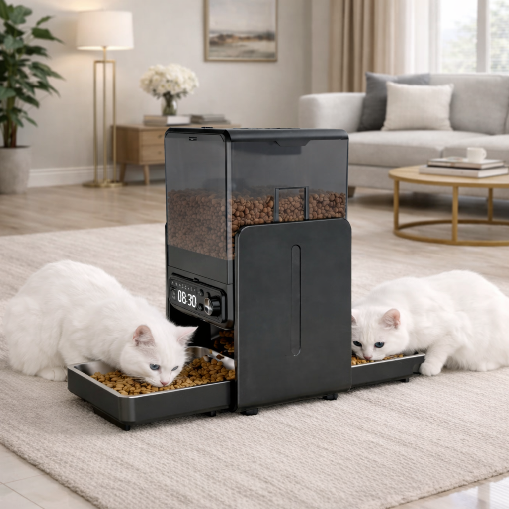 Distributeur automatique croquettes chat double programmable - 2 bols inox 5L