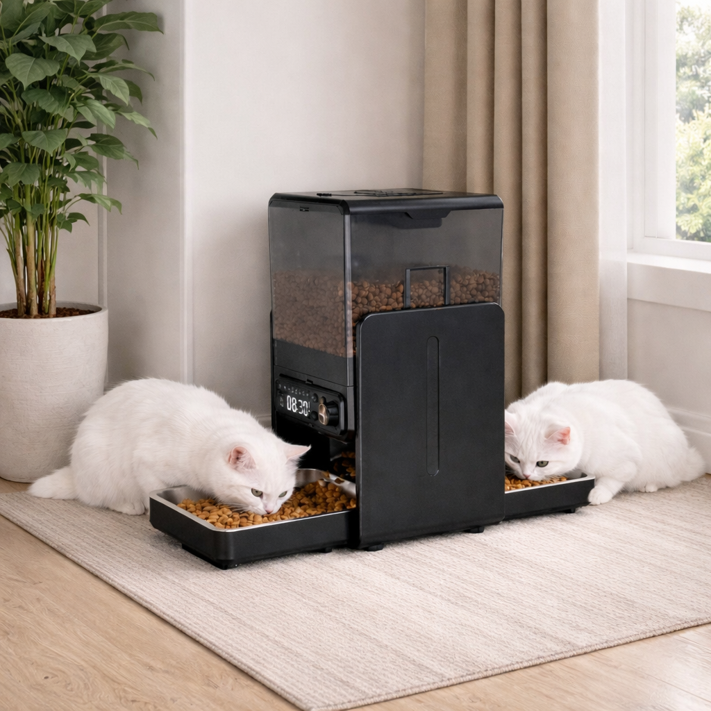 Distributeur automatique croquettes chat double programmable - 2 bols inox 5L